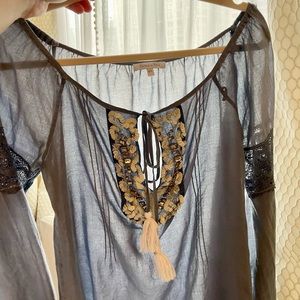 Patrizia Pepe veil cotton top with sequins decor and tassels denim color